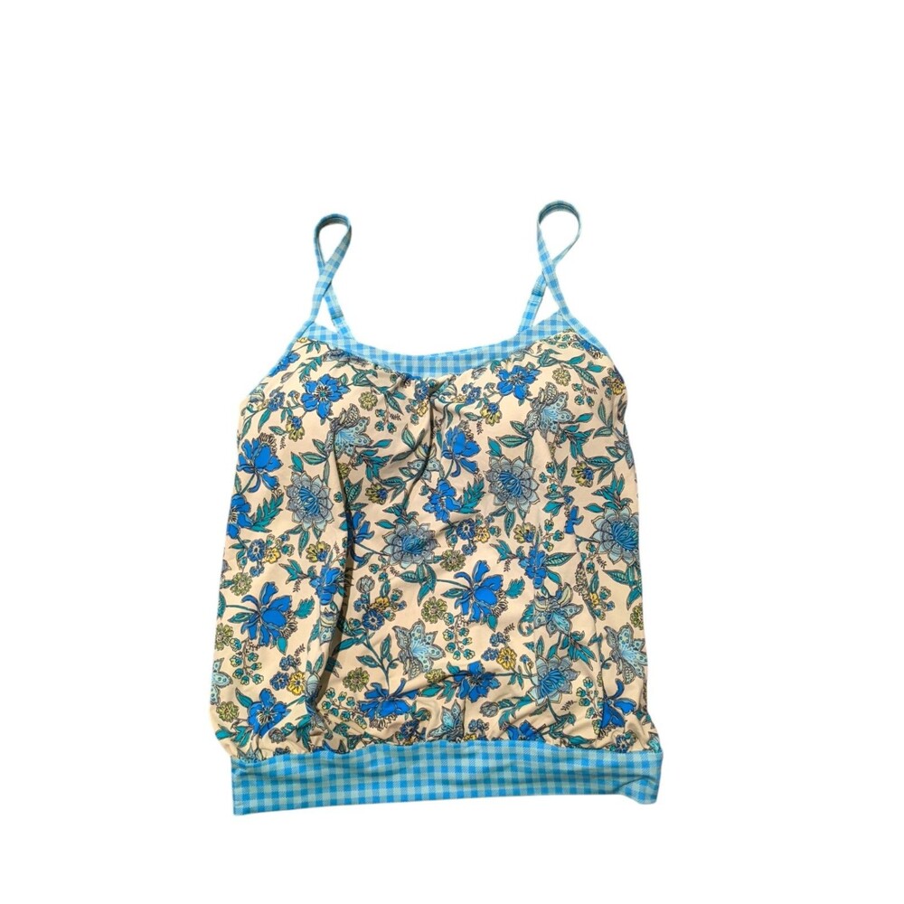 Lands' End Blouson Tankini Swim Top Sz 14 Blue Floral Paisley Gingham Pool Beach - Picture 3 of 12